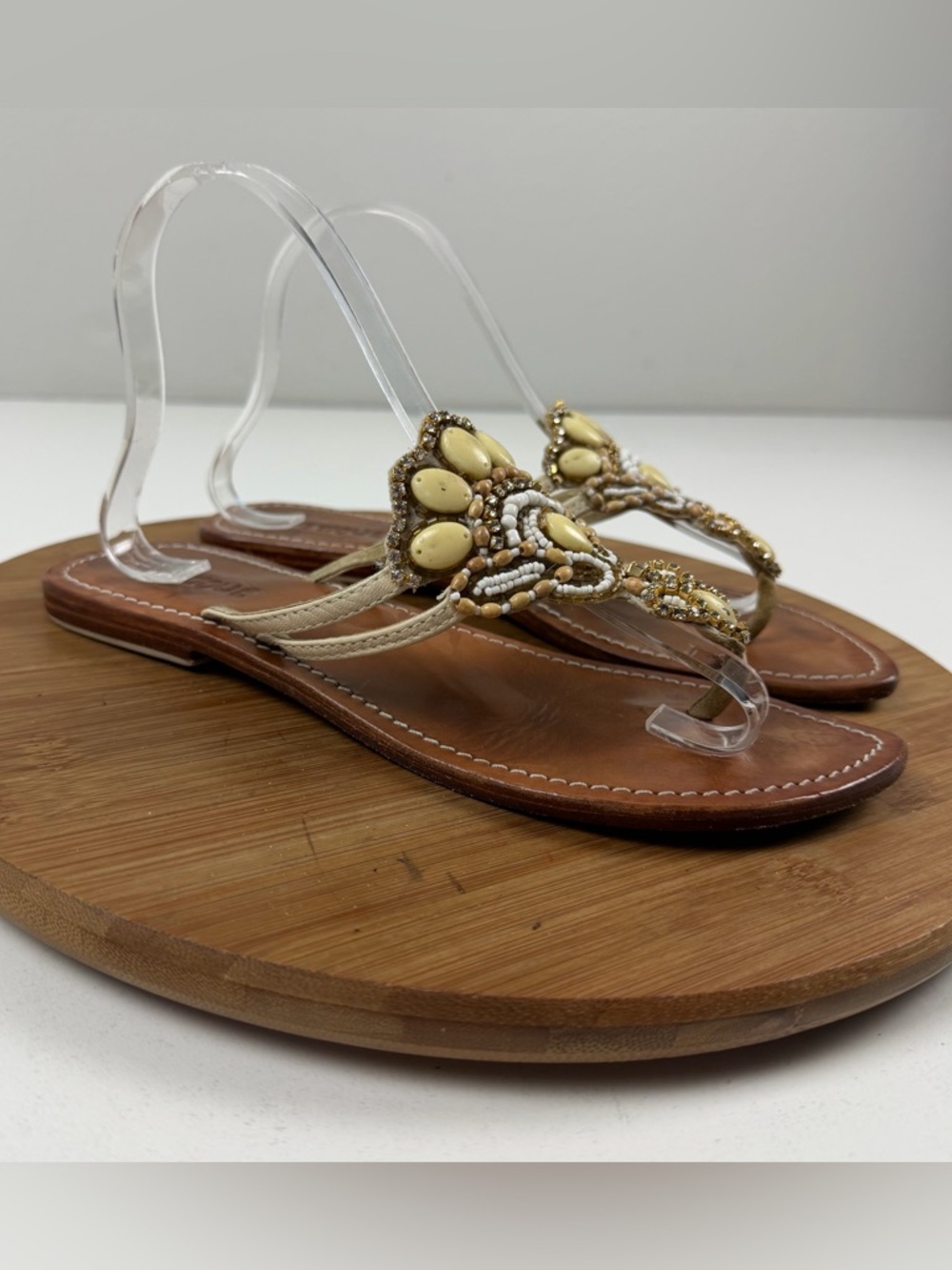 Mystique Beaded Yellow T-Strap Leather Sandals - Women